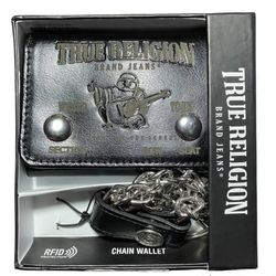 True Religion Evans Logo Concert Black Leather Embossed Chain Wallet NWT