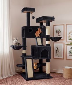 65in Larger Cat Tree Tower Condo for Indoor Cats, Multi-Level Furniture Activity Center with Wide Base/Cozy Plush Cat Perches/Baskets/Sisal Scratching