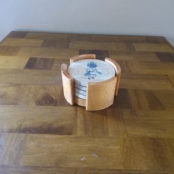 Set Of 4 Sandstone Coasters With Wooden Holder 
