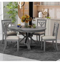 🔥Brand new 🔥 Retro 5-Piece Farmhouse Dining Table Set Extendable Round Oval Table and 4 Upholstered Chairs for Kitchen Dining Room, Grey