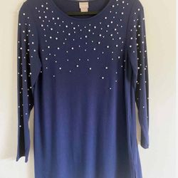 Chicos Blue  Long Sleeve Top with Pearl Accents Sz1  $35