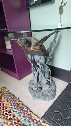 Vintage Coastal Bronze  Sea Turtle Glass Top Accent Table