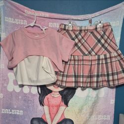 Pink Crop Top and Plaid Pleated Skirt Set