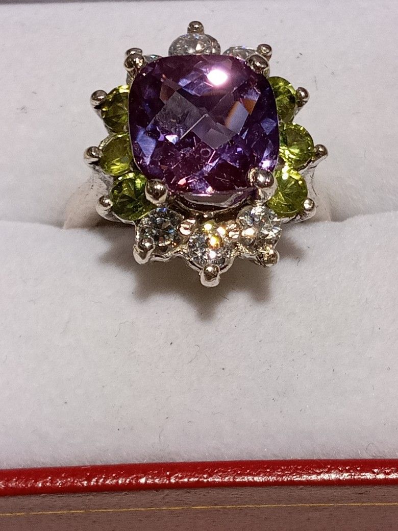 BIG NATURAL AMETHYST AND PERIDOT STERLING SILVER RING! HIGH SHINE STONES! SIZE 61/4