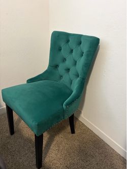 Velvet Emerald Teal Blue Vanity or  Dining Side Chair with Nailhead Details & Tufted Button Accents