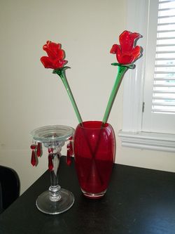 Crate & Barrel Red glass flowers, vase & candle holder