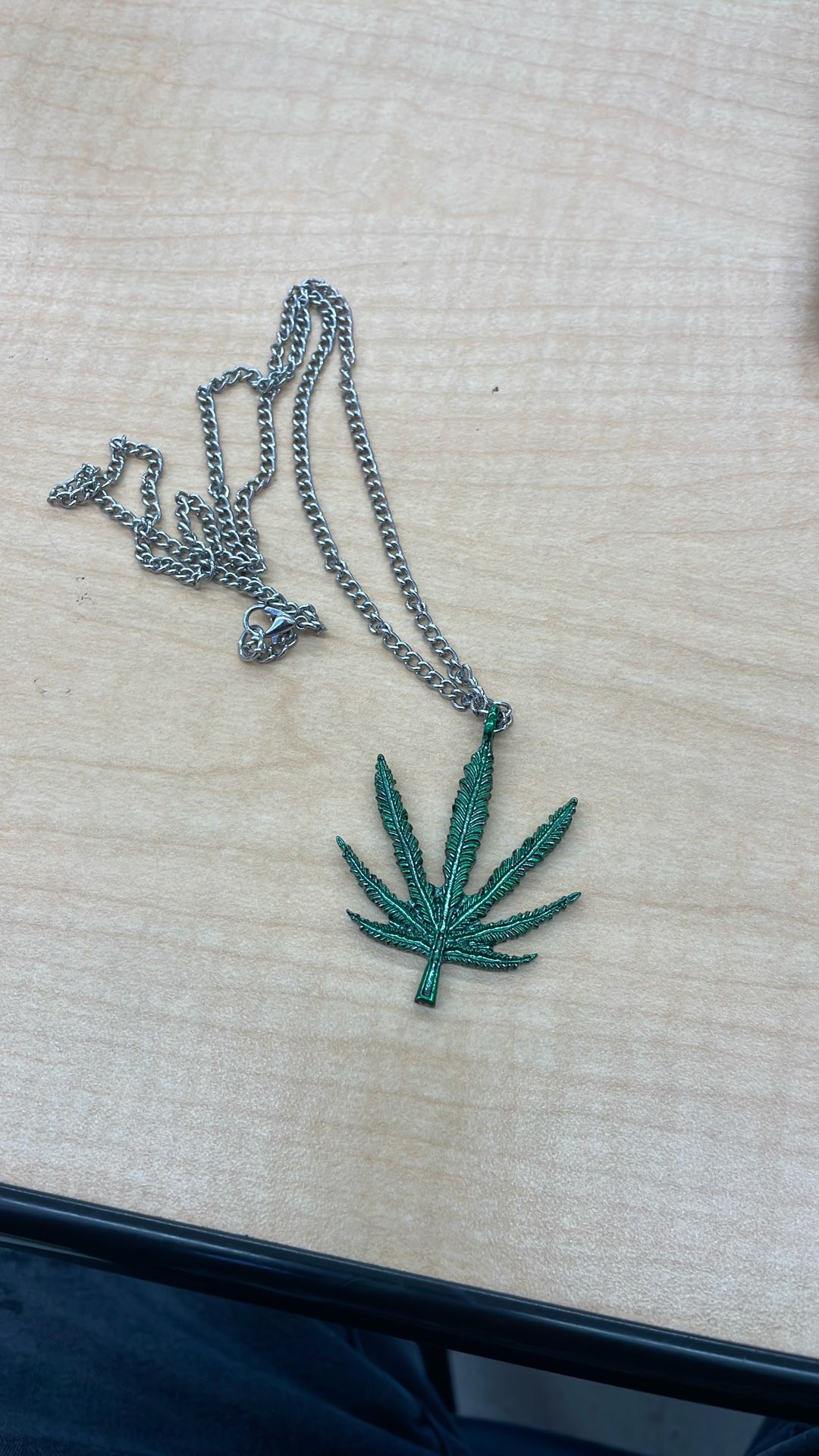 Real Metal Silver Finish Pewter Pendant Necklace Pot Leaf, Weed, Marijuana Leaf, Green Enamel