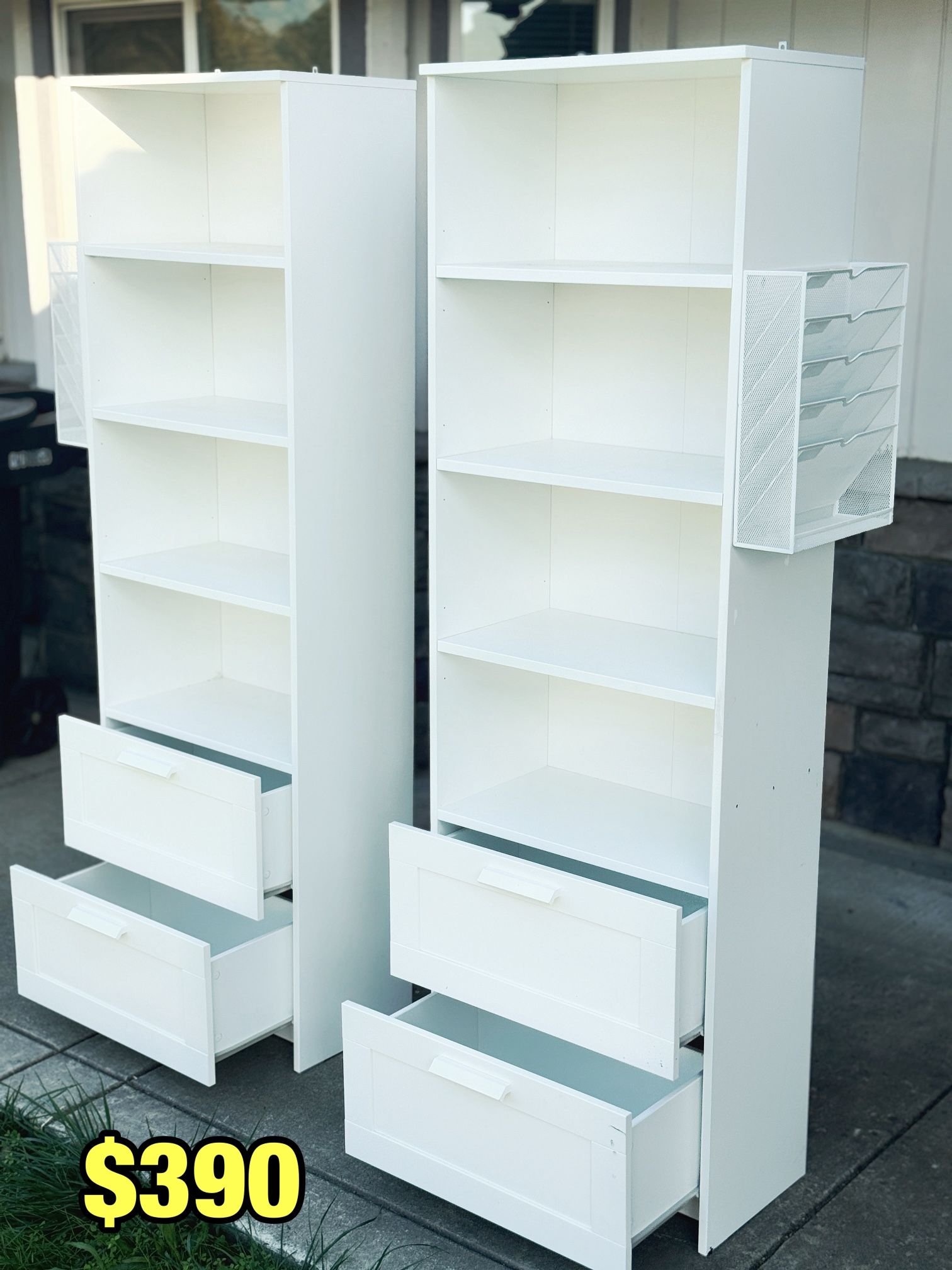 IKEA 2 Bookcases with shelves with Drawers  + 2 file Baskets + desk top