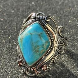 Sterling Silver Turquoise Statement Ring  (size 8)– BBJ 925 – Ornate Design – $45 (SE Portland)