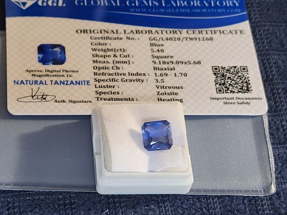 Natural Tanzanite Gemstone Square Ggl Certificate Included