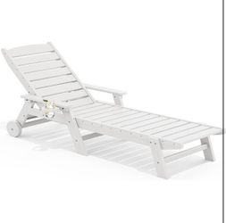 SERWALL Patio Chaise Lounge Chair, 78'' Long HDPE 5 Positions Adjustable Outdoor Lounger, Poly Lounge Chair with Rolling Wheels & Cup Holder for Pool,