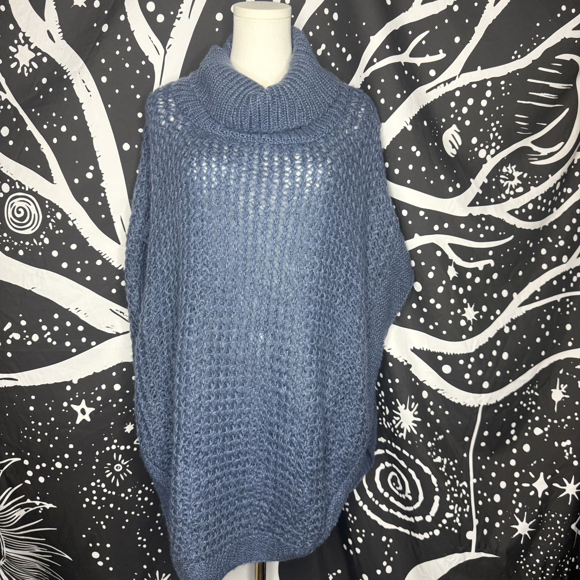 NWT LC Lauren Conrad Women's Cowl Neck Open Knit Poncho Sweater Blue One Size