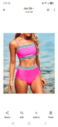 Womens Pink Swimsuit with Multicoloured Trim