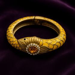 Vintage 1980s Yellow Enamel Snake Bangle Hinged Bracelet Amber Rhinestone, 2.5”