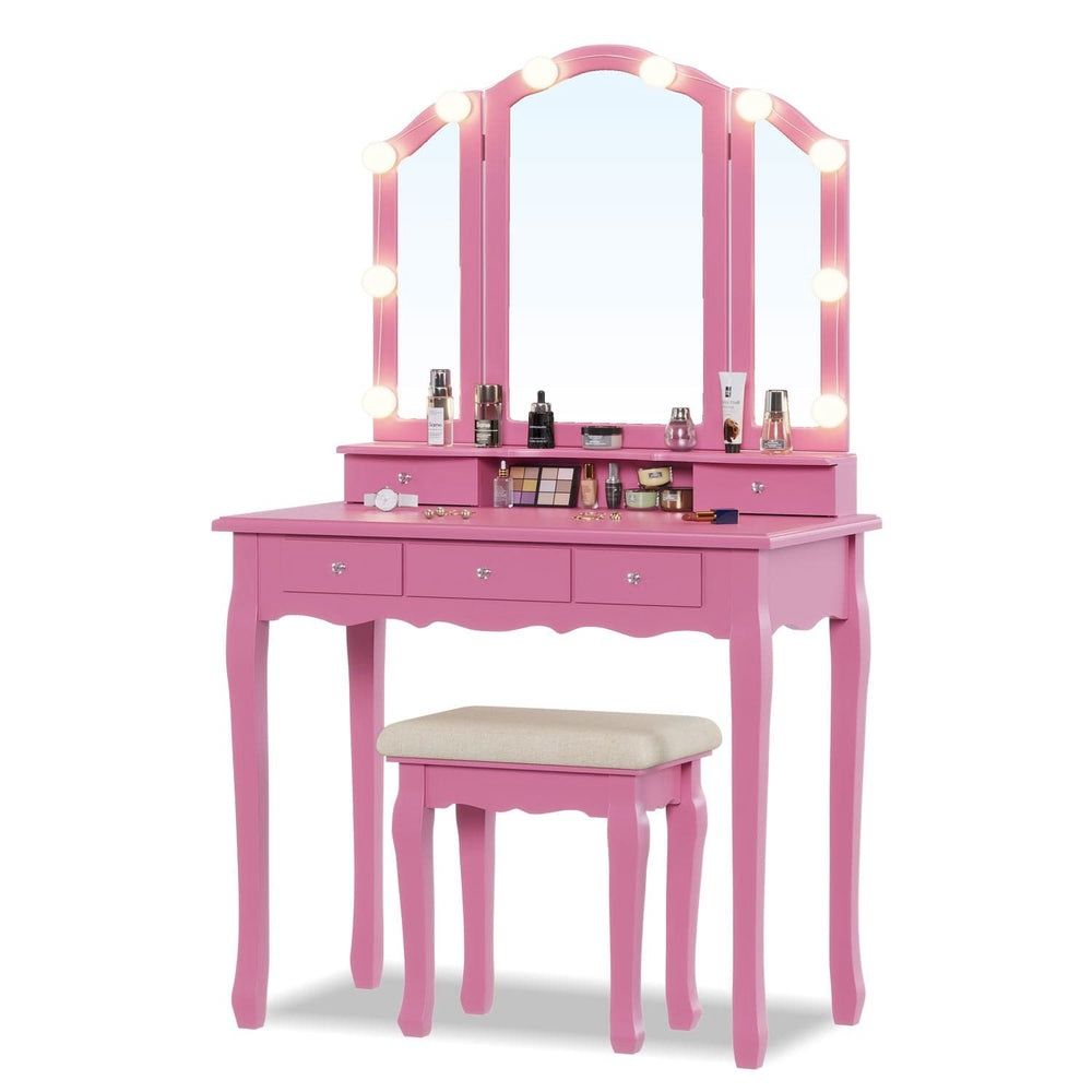 Makeup Vanity Set With LED Mirror Cushioned Stool Pink
