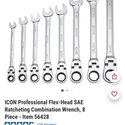 ICON Professional Flex-Head SAE Ratcheting Combination Wrench, 8 Piece