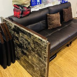 Brown Leather Couch & Brown Table With All Chairs