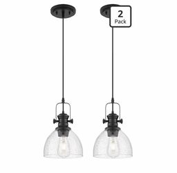 2-Pack Black Pendant Light Kitchen Island, 7.5" Seeded Glass Shade