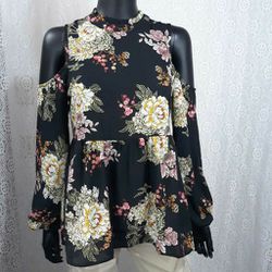 Womens Floral Long Sleeve Cold Shoulder  Tunic Top