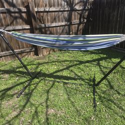 9 Ft. Free Standing Hammock Bed with Stand In Blue/Green Fabric.