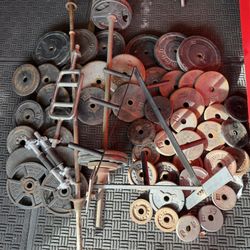 Standard weights 505lbs total plus 5ft bars adjustment dumbbells and tricep bar and weights tree