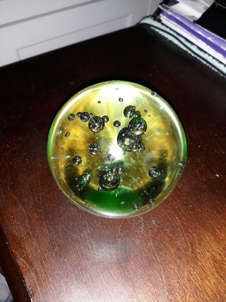 Crystal. -   Clear (Tinted Light Green)  Art Glass With Bubbles Paperweight Lg. 3 1/2 In.  $35.00