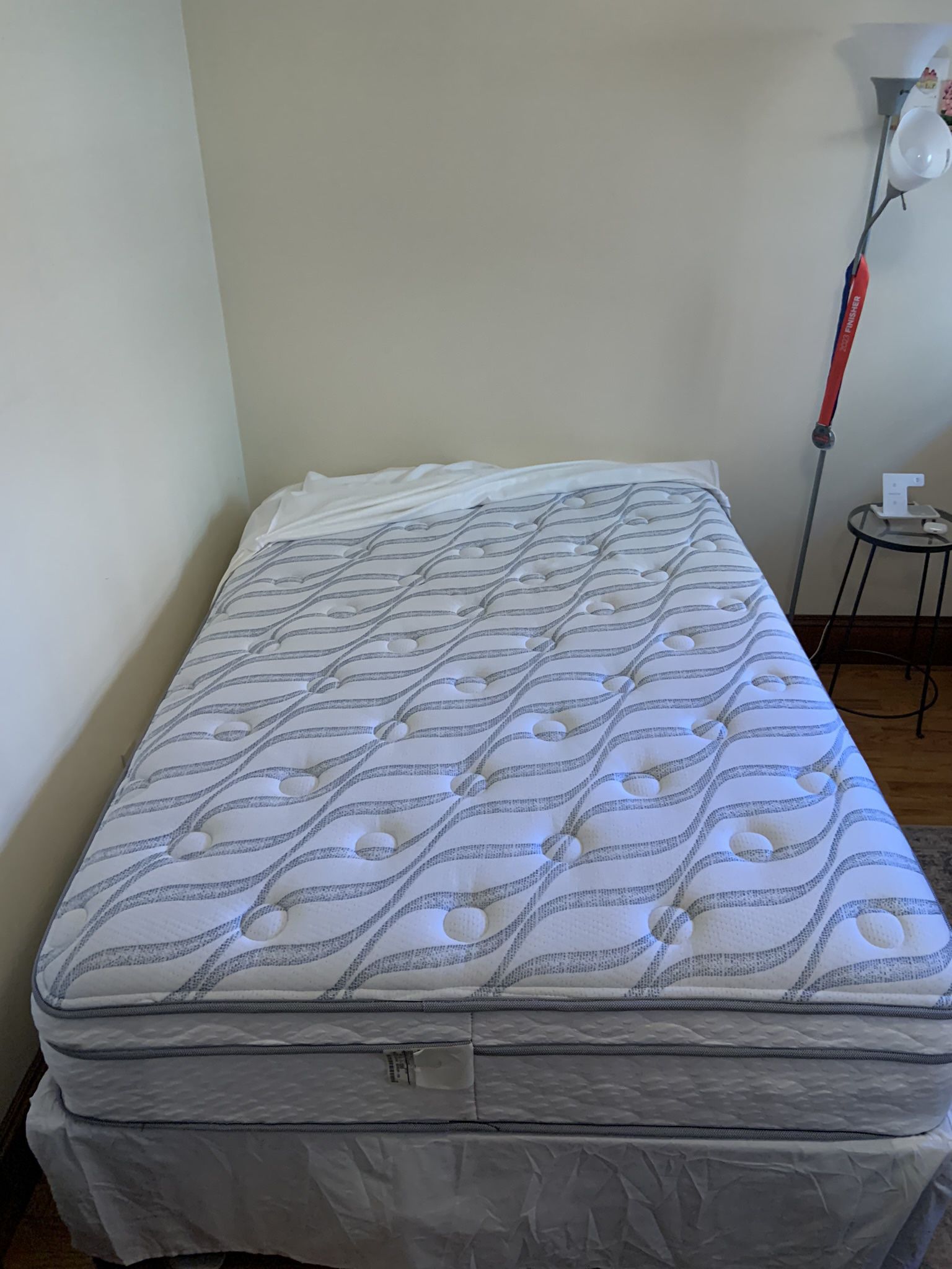 Full size mattress, mattress protector & black metal bed frame