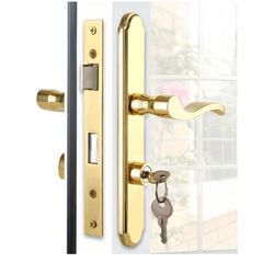 New Flat Slot Storm Door Handle Complete Set, Mortise Keyed Lever Mount Latch with Deadbolt for Screen and Storm Doors (Bright Gold)