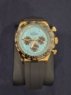 Mens Luxury Gold Color Stainless Steel Rubber Bracelet Watch Blue Dial