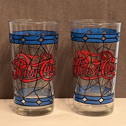 2- 8oz Pepsi Cola Tiffany Style Glasses