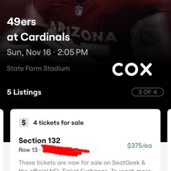 4 tickets Arizona cardinals vs San Francisco 49ers lower bowl center (below cost)