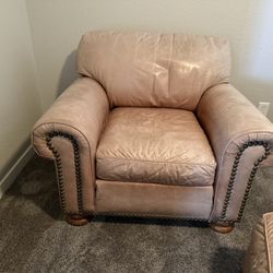 Soft Leather Chair With Ottoman & Nailheads