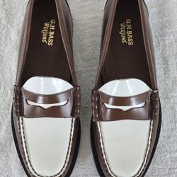 GH BASS Larson Weejuns Brown & White Leather Slip-On Loafers