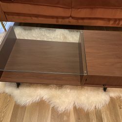 Walker Edison Montclair Mid Century Modern Glass Top 1 Drawer Coffee Table, 42 Inch, Acorn