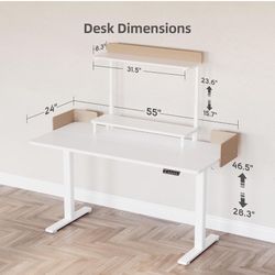 NEW Claiks Electric Standing Desk – White, 55”, Monitor Shelf