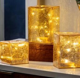 Evergreen LED Gold Crackle Glass Cube Towers 3-Pc