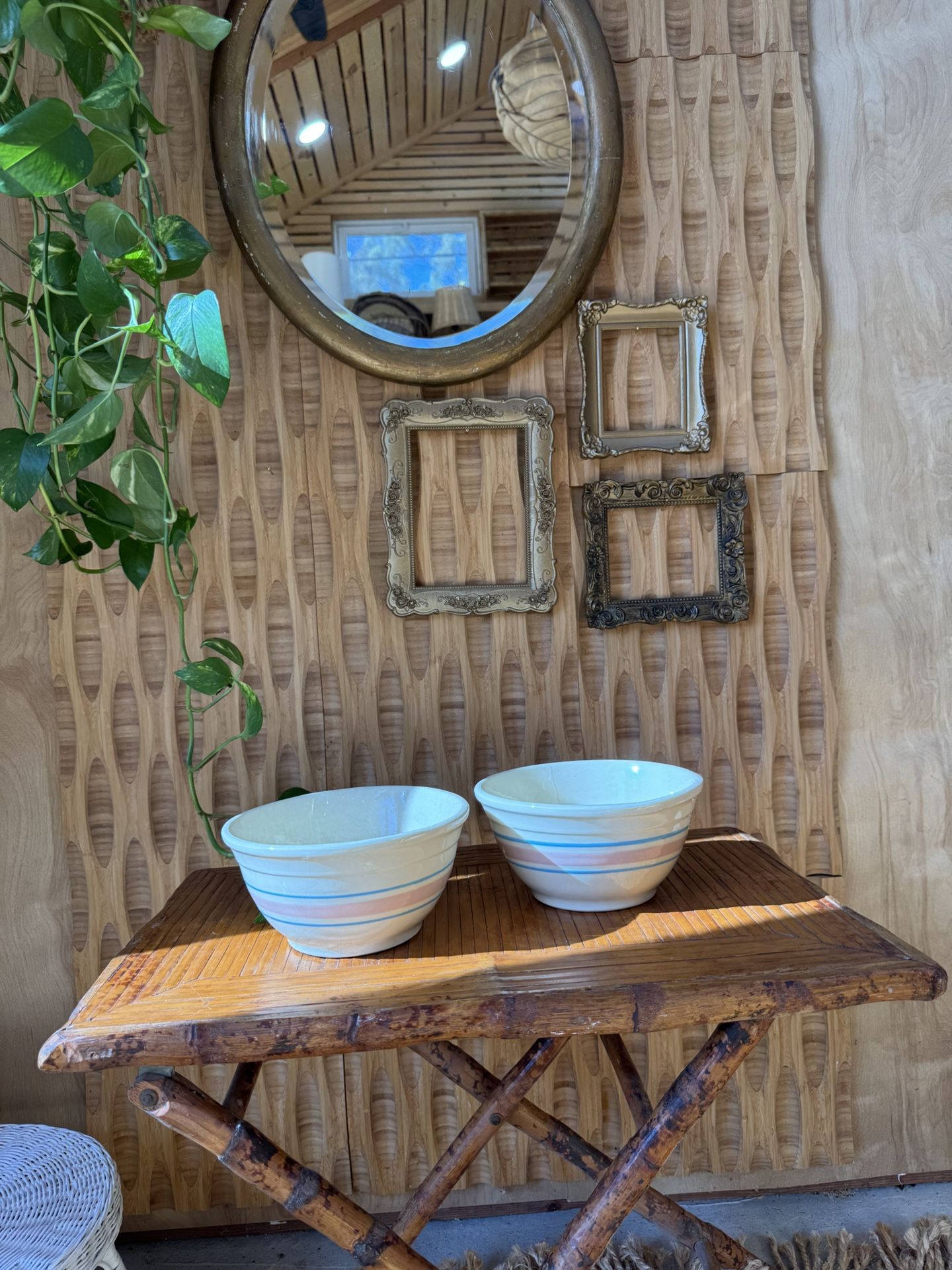 Vintage Stoneware McCoy Mixing bowls 8 Set of 2 Pink Blue Stripe Nesting Farmhouse Cottage Baking