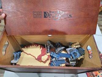 Lot Of MEGA BLOKS Incomplete Set Figures And Accessories With Large Wood Box.
