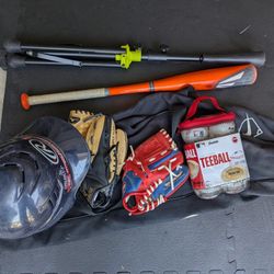 Tee Ball / Baseball Gloves, Balls, Bag, Bat, Tee, Helmet