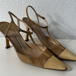 8.5 MANOLO BLAHNIK Suede & Leather Pointy Toe T-Strap Pumps Classic Shoes Heels 