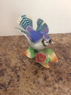 Small porcelain blue jay figurine. Made in Japan