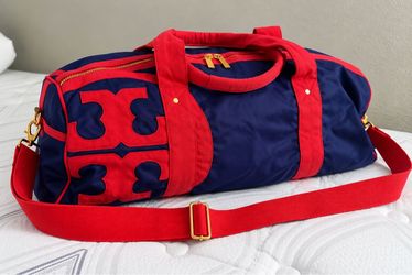 Tory Burch Nylon Duffle Bag Navy Blue Red Logo Weekender Travel Shoulder Bag