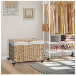 Rolling Storage Basket with Lid, 47.6 Gallon (180L) Storage Bin with Wheels, Woven Rattan Blanket Storage Basket with Handles, Foldable, Metal Frame, 