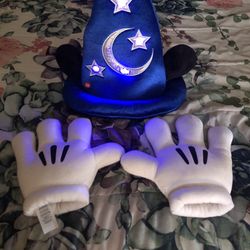 Disney Parks Mickey Mouse Ears Fantasia Sorcerer's  Wizard Hat And Mickey Gloves