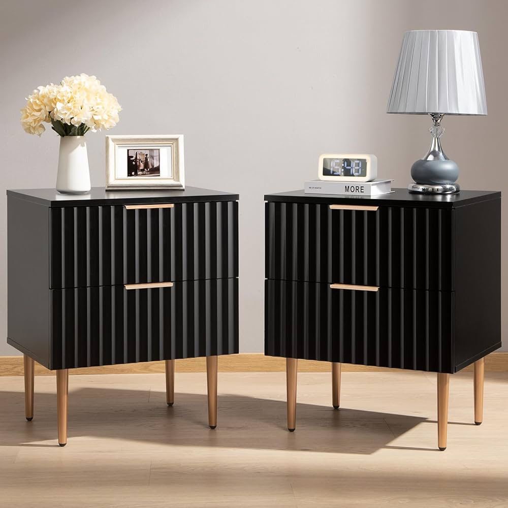 Black Night Stand Set 2, Wide Fluted Nightstand with 2 Drawers, Modern Glossy Storage Bedside Table for Bedroom, End Side Table with Golden Metal Legs