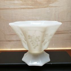 White Milk Glass Candy Dish Grape Leaf Panel Planter Footed Octagonal Shaped  #1