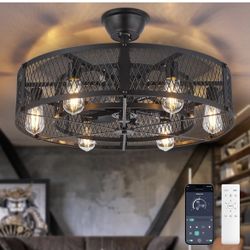 26” Caged Outdoor Ceiling Fan with Light – Flush Mount, Remote/App Control, 6 Speeds, Timer, Black 