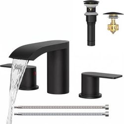 Black Bathroom Faucet 3 Hole 8" Widespread Bathroom Sink Faucet, Matte Waterfall Vanity