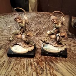 Two Fontanini Fisherman Fishing Figurine Carrara Marble Base 2002  Depose Italy