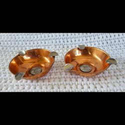 Vintage Handmade Brass Coin Ashtray Republica De Chile Set Of 2